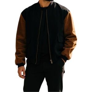 Maus & Hoffman Men’s Varsity Bomber Jacket In Navy and Brown Size L